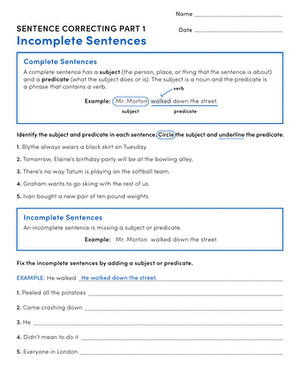 Sentence Correcting: Incomplete and Run-Ons Worksheet for Grade 3 Worksheet for correcting incomplete and run-on sentences for third graders