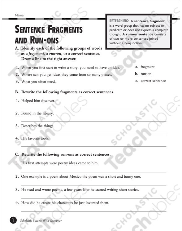 Sentence Correcting Worksheet: Incomplete and Run-Ons for Grade 3 Worksheet for correcting incomplete and run-on sentences for third graders