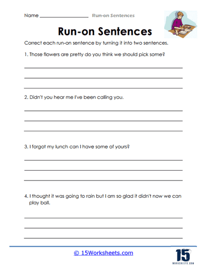 Educational resource for third graders to practice writing skills Worksheet featuring sentence correcting exercises for run-on and incomplete sentences