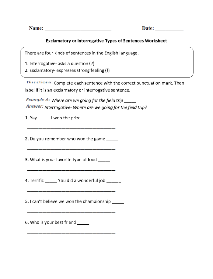 Worksheet illustrating the four types of sentences: declarative, interrogative, imperative, and exclamatory for third graders. Educational handout for understanding sentence structures in writing.
