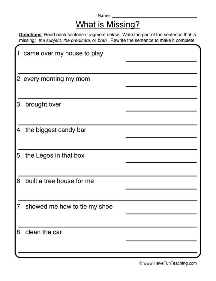 Third Grade Complete Sentences Baseball Grammar Practice Sheet 23 A third grade student practicing complete and incomplete sentences with baseball-themed grammar exercises on a worksheet