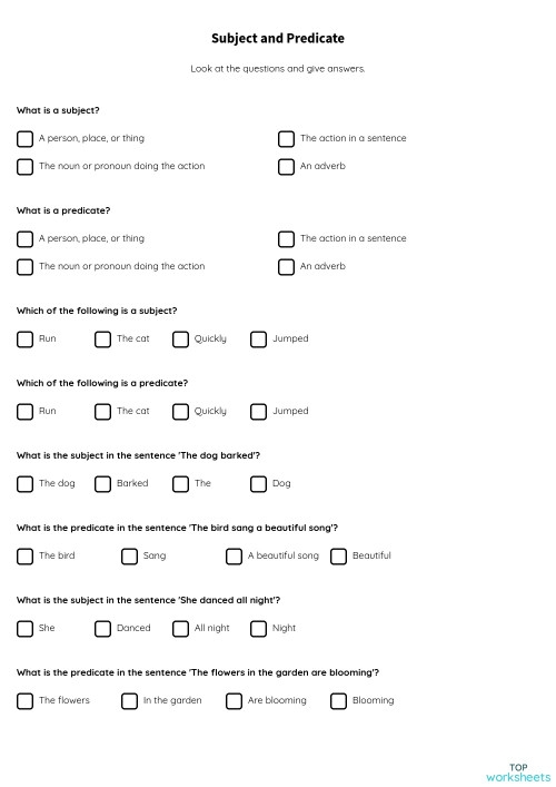 Subject and Predicate Worksheet for Grade 3 Students Activity 6 Third grade student practicing sentence structure by identifying subjects and predicates in this grammar worksheet