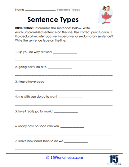 Worksheet featuring the four types of sentences: declarative, interrogative, imperative, and exclamatory for third graders. Educational handout to assist students in identifying different sentence types.