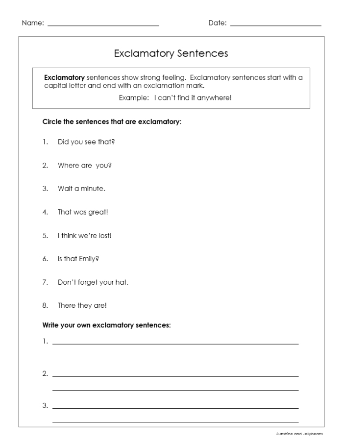 Worksheet illustrating the four types of sentences: declarative, interrogative, imperative, and exclamatory for third graders