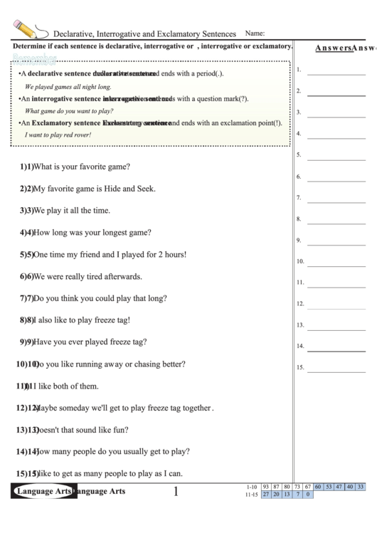 Worksheet illustrating the four types of sentences: declarative, interrogative, imperative, and exclamatory. Reference sheet for third-grade writing skills enhancement.
