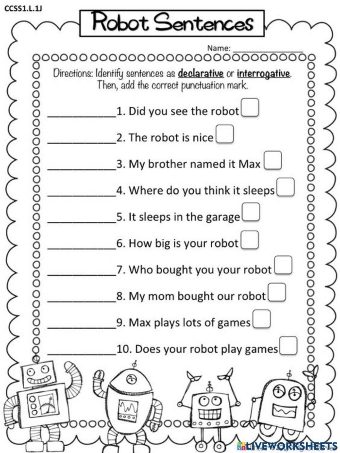 Worksheet showcasing the four types of sentences: declarative, interrogative, imperative, and exclamatory. Handout for third-grade writing practice on sentence types.