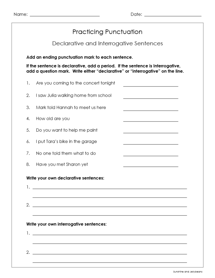 Worksheet for identifying declarative, interrogative, imperative, and exclamatory sentences
