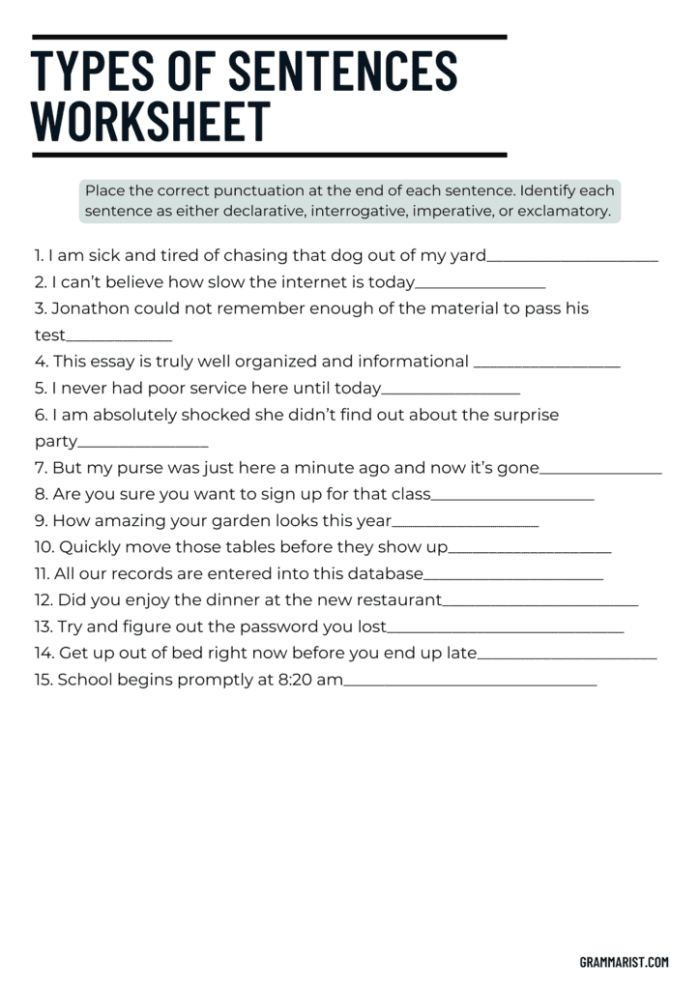 Worksheet illustrating the four types of sentences: declarative, interrogative, imperative, and exclamatory for third graders