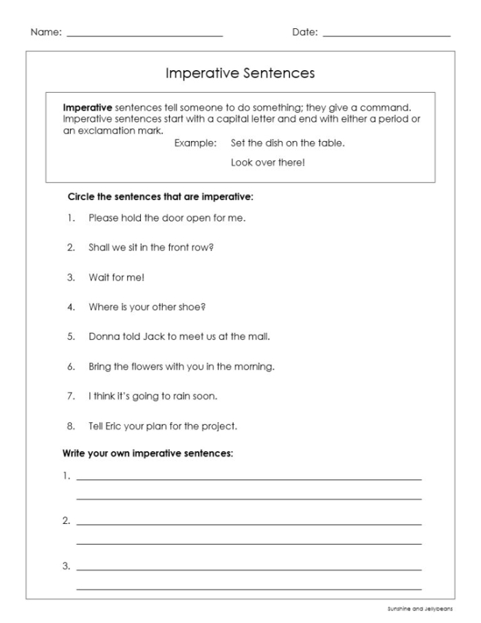 Worksheet illustrating the four types of sentences: declarative, interrogative, imperative, and exclamatory for third graders. Handout for understanding sentence types in writing and grammar activities.