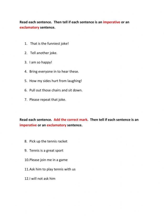 Worksheet illustrating four types of sentences: declarative, interrogative, imperative, and exclamatory for third graders