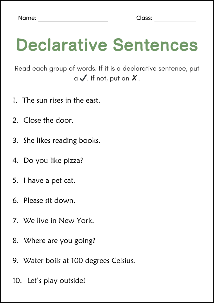Worksheet featuring the four types of sentences: declarative, interrogative, imperative, and exclamatory for third graders