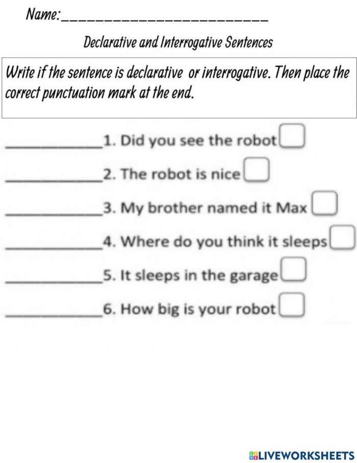 Worksheet showcasing four types of sentences: declarative, interrogative, imperative, and exclamatory