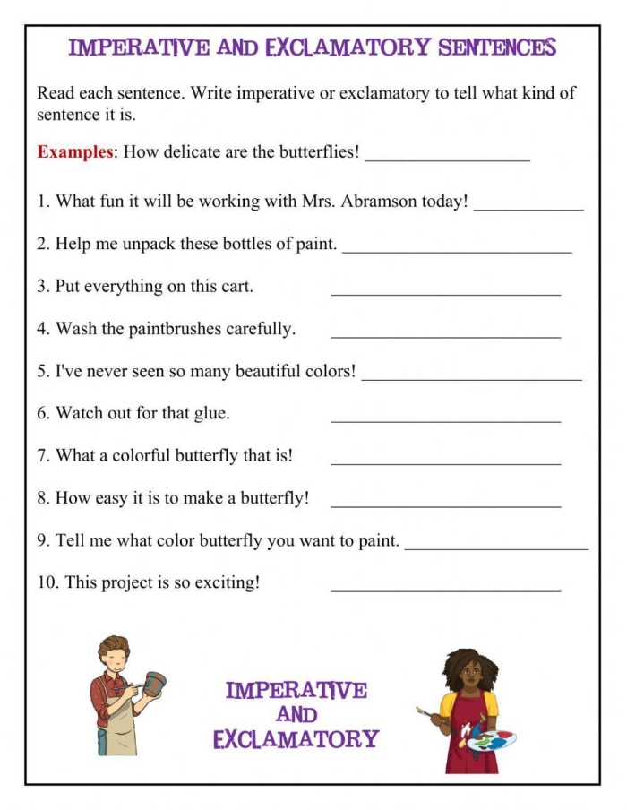 Worksheet illustrating the four types of sentences: declarative, interrogative, imperative, and exclamatory for third graders