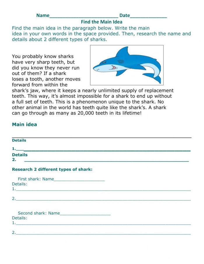 Third grade reading worksheet featuring a short informative passage to help students find the main idea about sharks