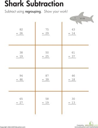 Third grade math worksheet featuring shark themed two-digit subtraction problems with regrouping