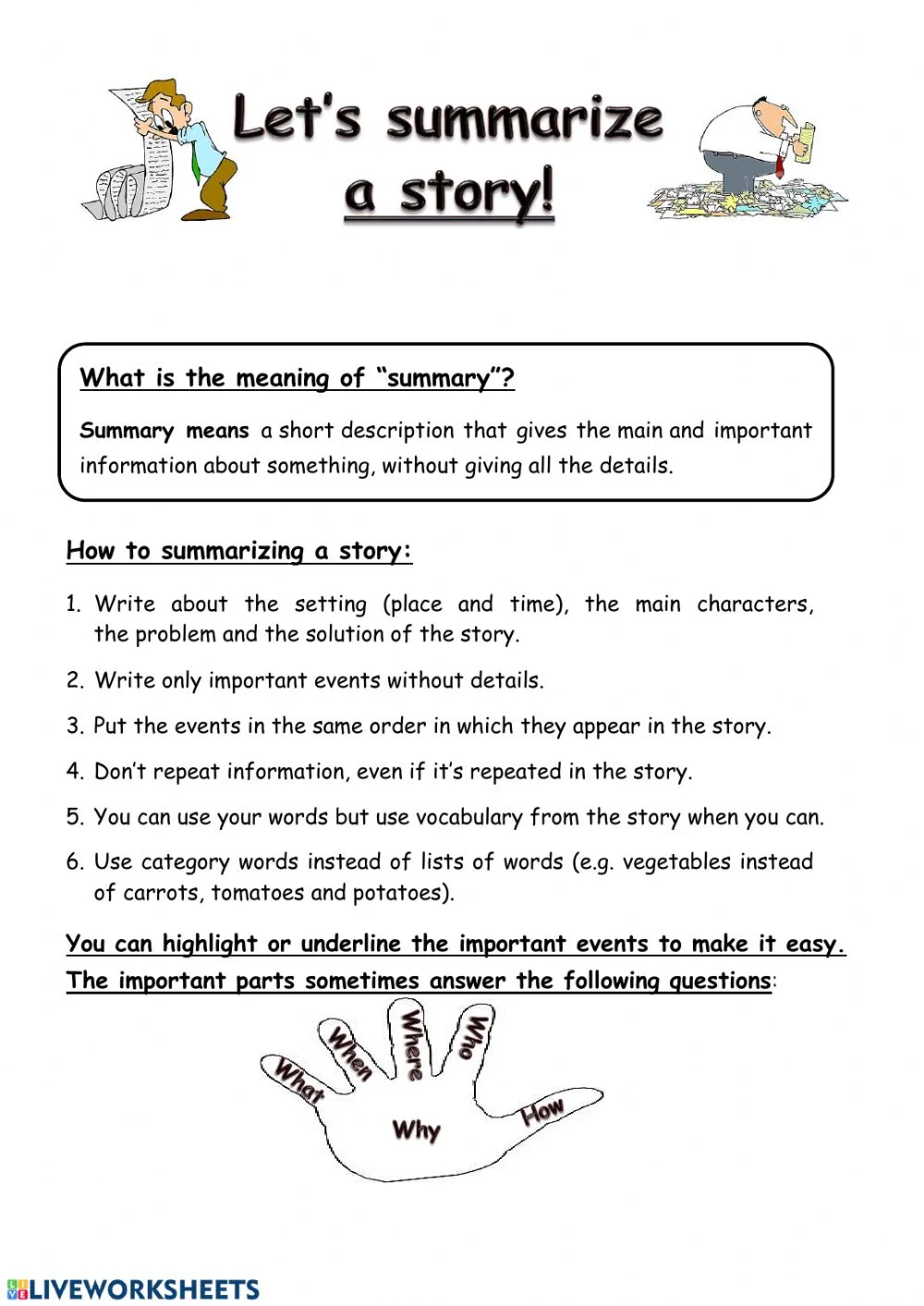 Third grade students working on the Short and Sweet Summaries worksheet using the "Somebody Wanted But So Then" method