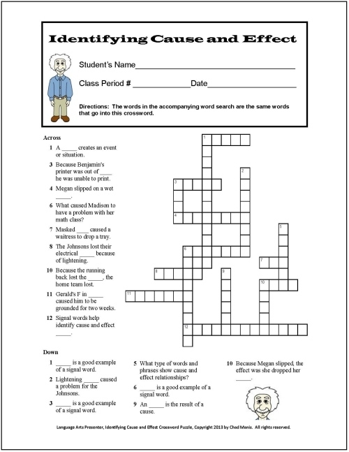 Educational resource for teaching cause and effect relationships in phonics Worksheet for third graders on identifying cause and effect using signal words
