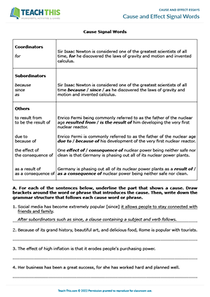 Educational resource for teaching cause and effect relationships in phonics Worksheet on identifying cause and effect using signal words for third graders