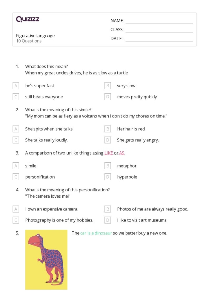 Making Sense of Figurative Language 2 Practice Exercise with Simile Sentences Third grade grammar worksheet showing nine sentences with similes for students to identify and interpret figurative language examples