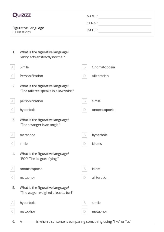 Making Sense of Figurative Language 2 Practice Page 3 Third grade worksheet showing sample sentences for practicing simile identification and interpretation in figurative language lessons