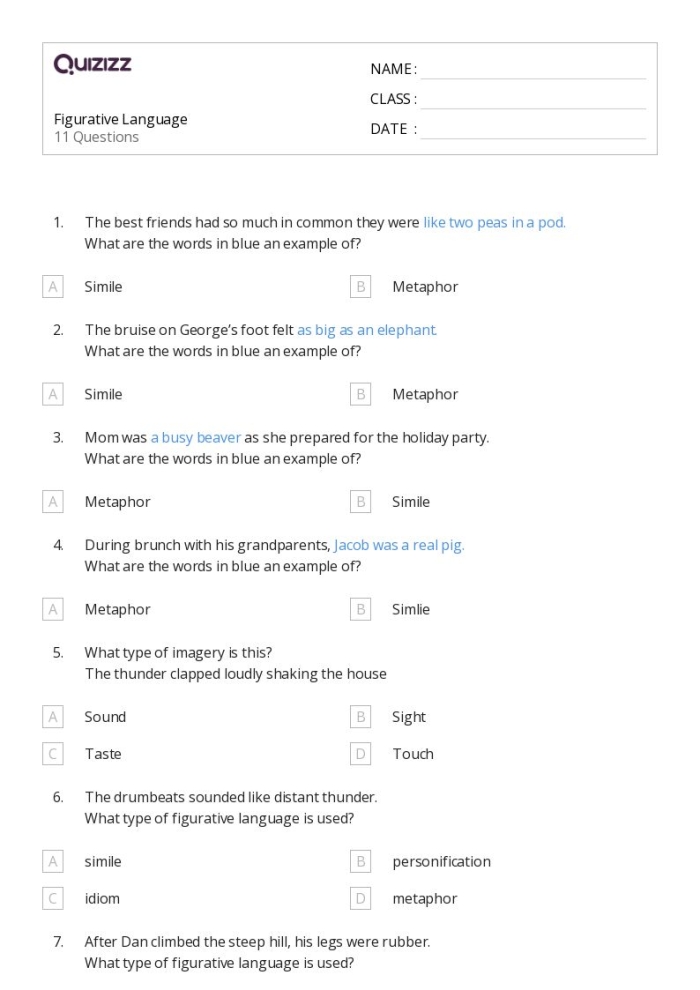 Making Sense of Figurative Language 2 Practice Sheet for Elementary Learners Third grade students identify and interpret similes in sample sentences on a grammar worksheet