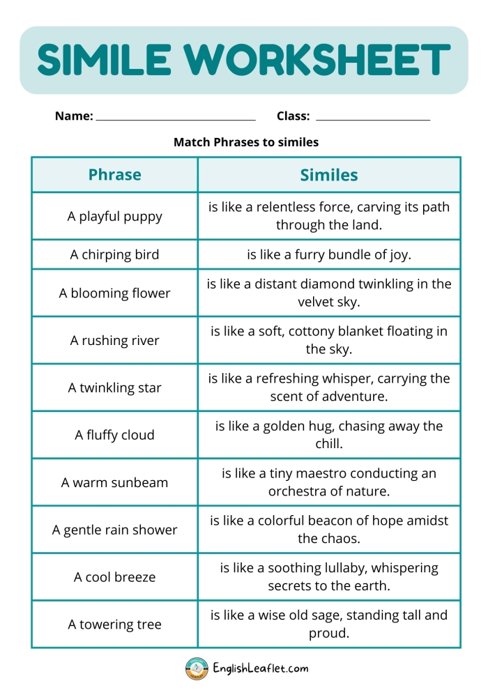 Worksheet featuring similes with visual clues for third graders