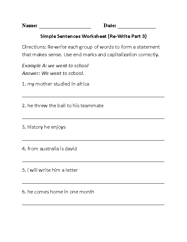 Worksheet for third graders to practice writing simple sentences