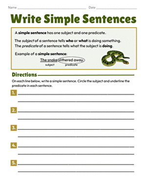 Worksheet for practicing simple sentence writing for third graders