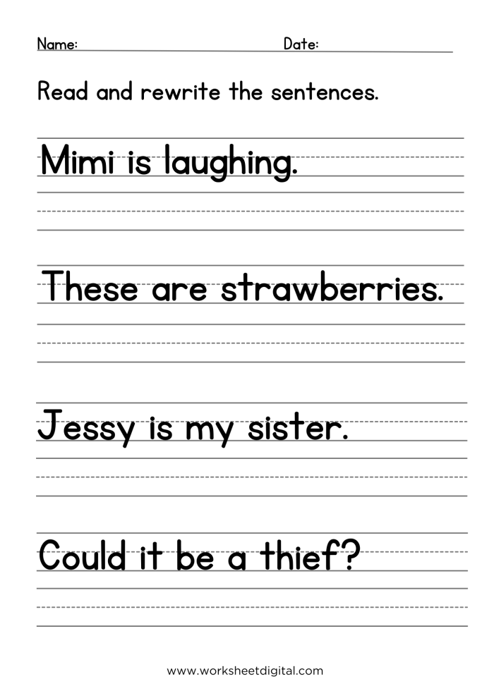 Worksheet for practicing simple sentence writing for third graders