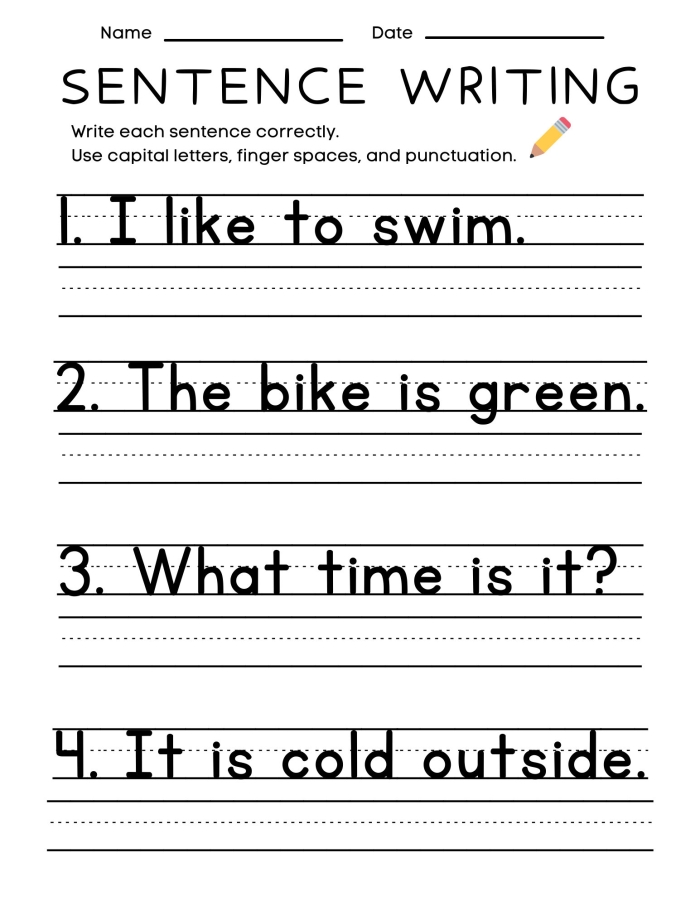 Worksheet for practicing simple sentence construction for third graders