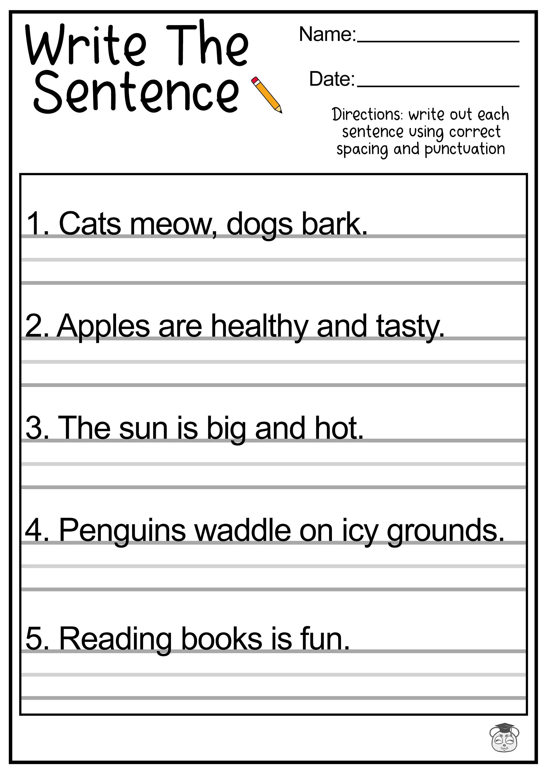 Worksheet for writing simple sentences aimed at third-grade students