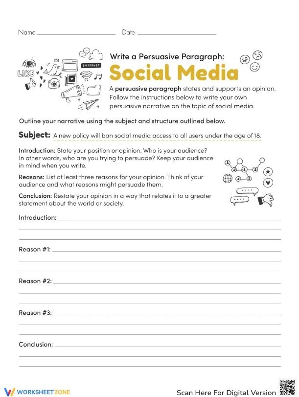 Third grade students learning to structure a persuasive paragraph about social media on a vocabulary worksheet