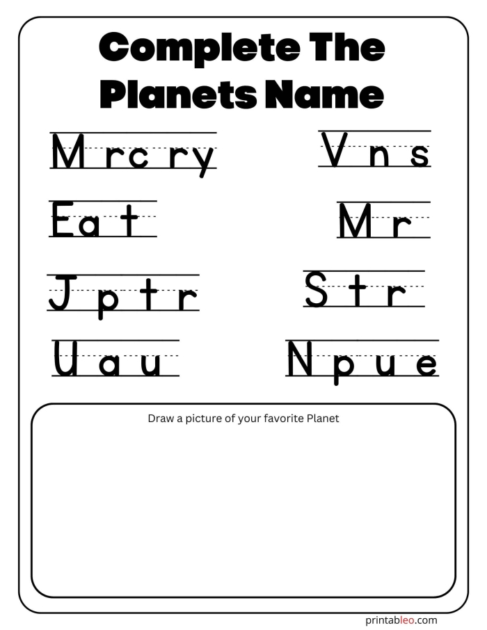 Third grade division worksheet showing eight planets of the solar system for students to label and identify
