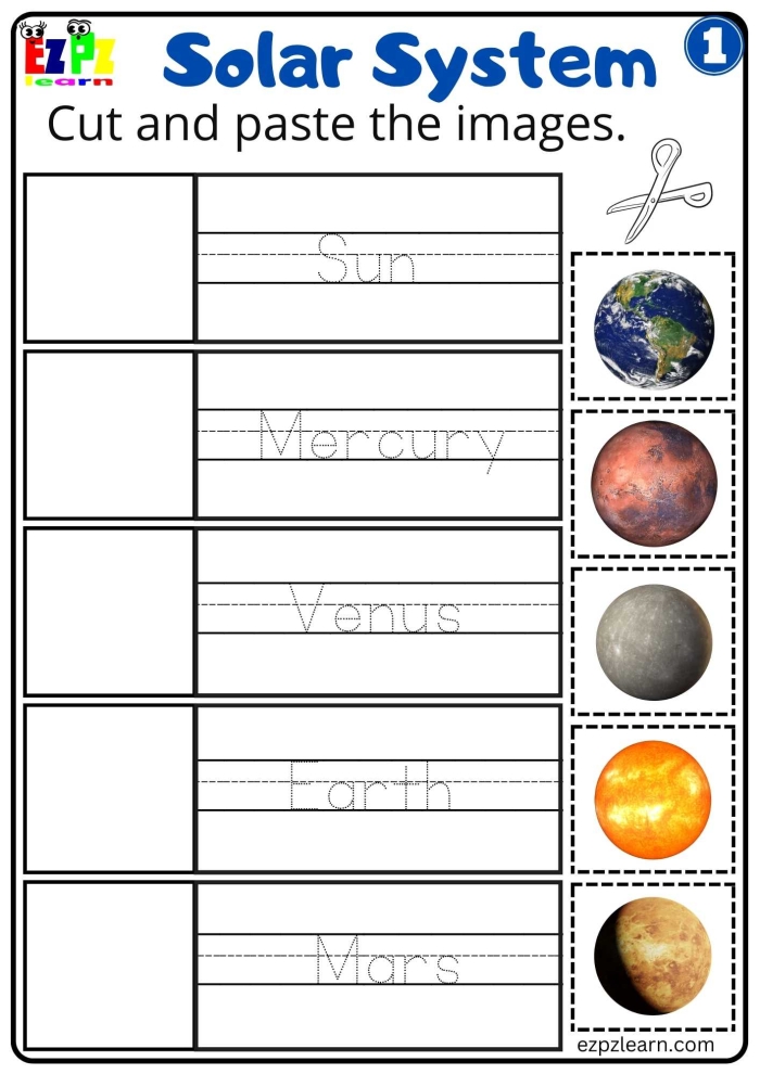 Third grade solar system worksheet showing planets in order from the sun with educational labels and illustrations