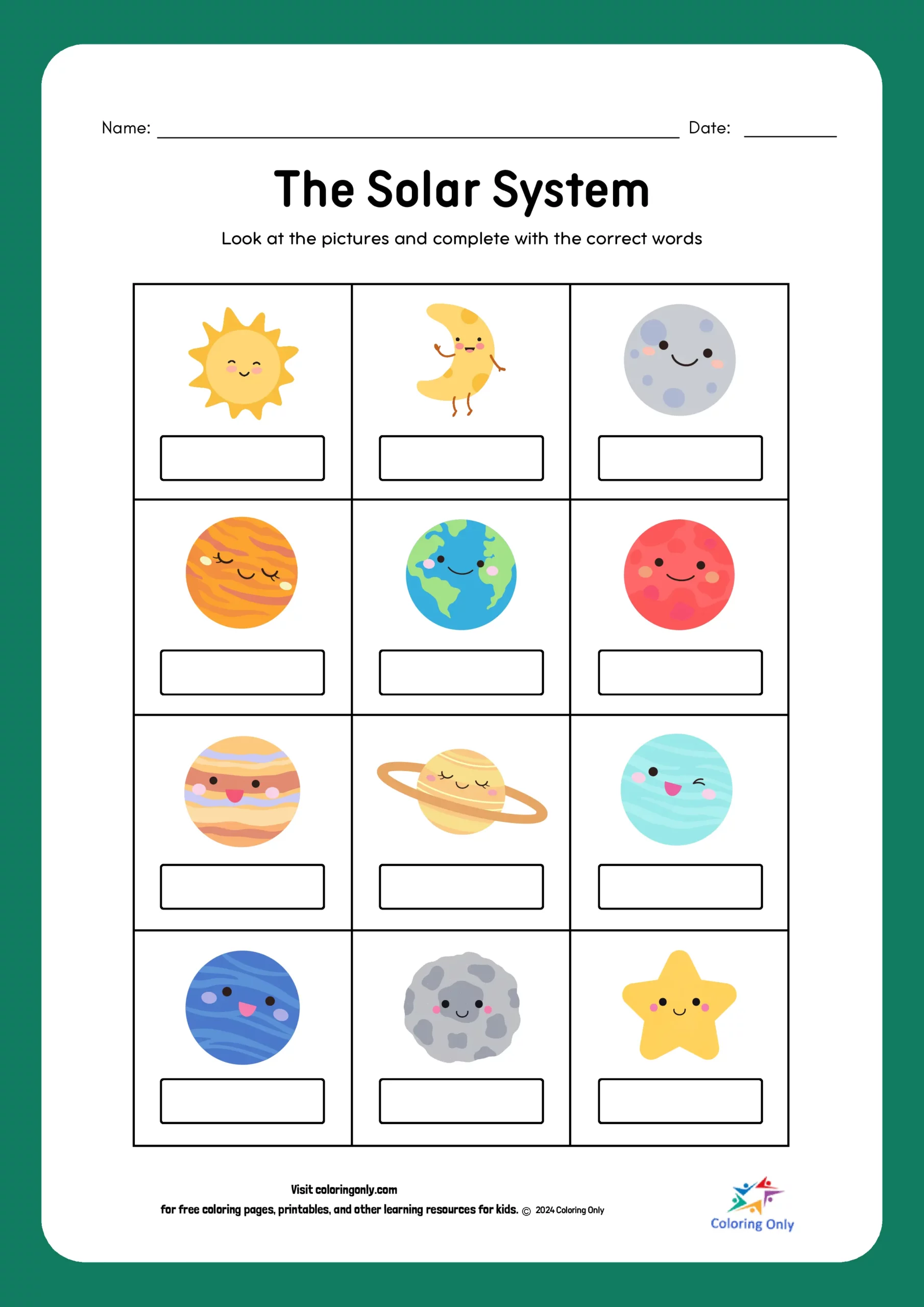 Third grade solar system worksheet showing planets in order from the sun in the Milky Way galaxy