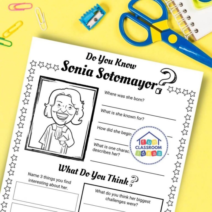 Illustration of a worksheet featuring a timeline of Sonia Sotomayor's life designed for third graders