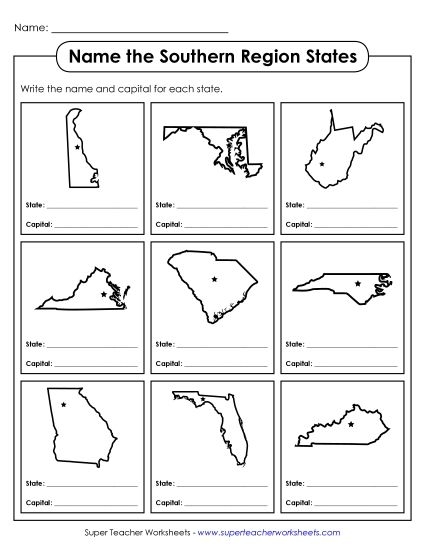 Map-labeling worksheet for third graders focusing on the Southern States of the USA
