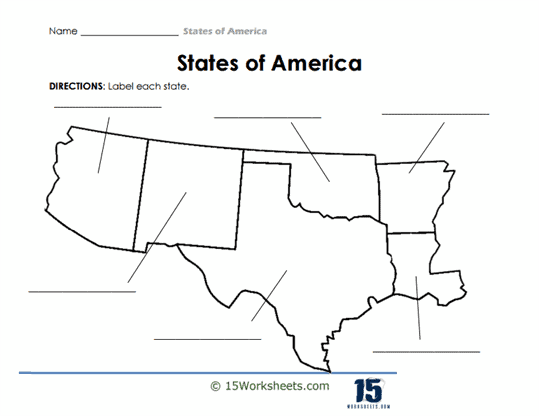 Map-labeling worksheet for third graders focusing on the Southern States of the USA