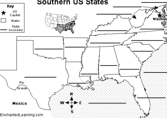 Children's map-labeling worksheet for identifying Southern States in the U.S.