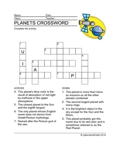 Crossword puzzle featuring images of planets for third graders to enhance their Earth and space science knowledge