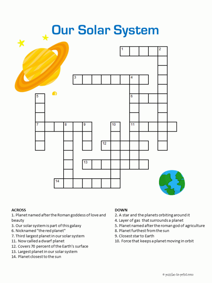 Third grade student working on a space science crossword puzzle with planet pictures