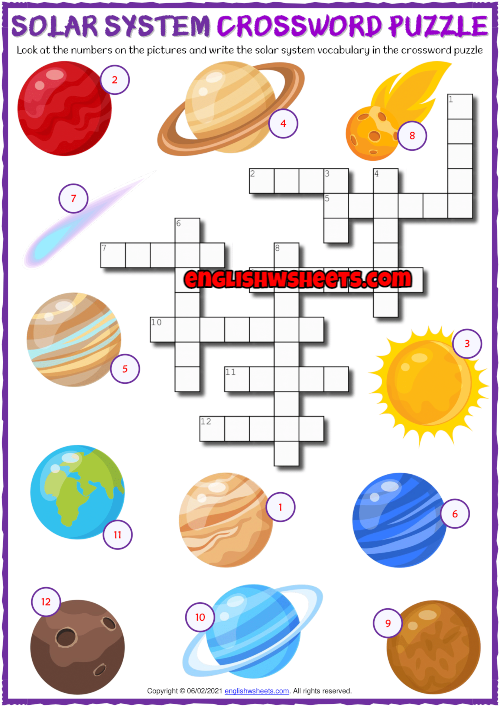 Third grade students solving an intergalactic planet pictures crossword puzzle worksheet