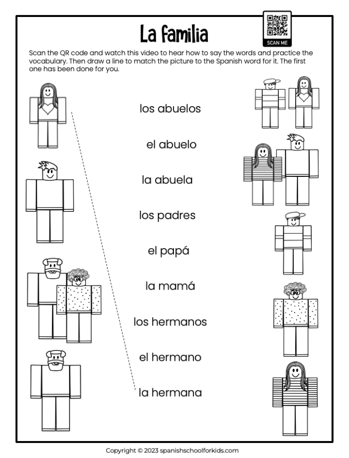 Spanish family names practice page for third grade learners image 3 Third grade student working on a Spanish family vocabulary worksheet about patterns