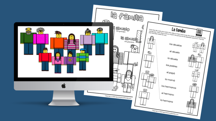 Spanish Family Members Bilingual Learning Chart for Elementary Students Third grade students learning Spanish family member vocabulary with illustrations and bilingual labels