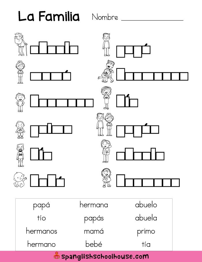 Spanish Family Members Learning Activity for Elementary Students Third grade bilingual worksheet showing Spanish vocabulary for family members with English translations and practice exercises