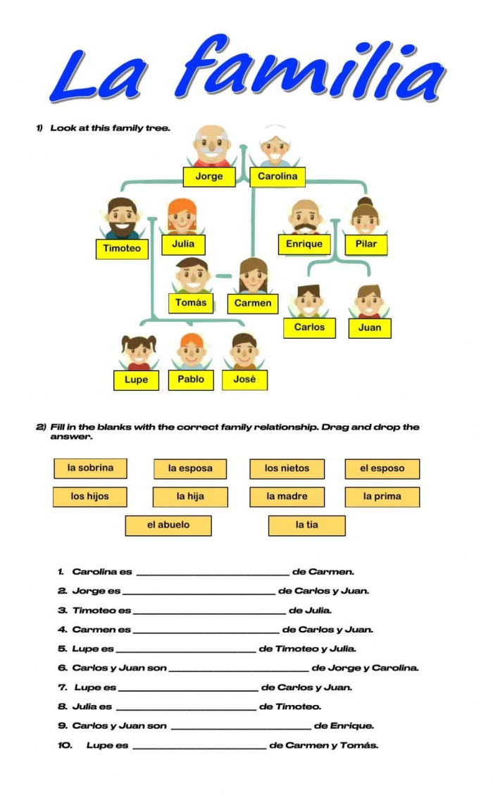 Spanish family vocabulary worksheet for third grade students featuring family tree patterns Third grade student completing a bilingual family members in Spanish worksheet with pattern exercises