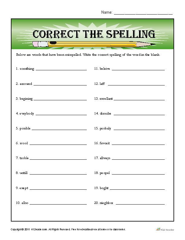 Worksheet featuring a spelling quiz to identify misspelled words for third graders