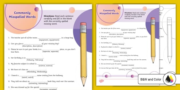 Third grade student completing a Find the Misspelled Words worksheet in class