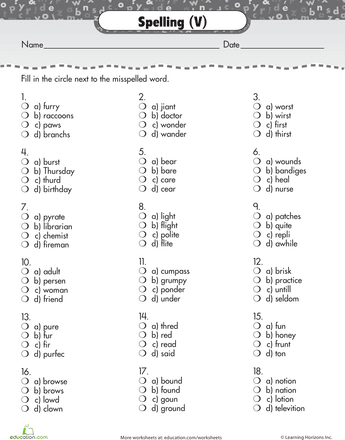 Third grade worksheet featuring a proofreading activity to identify misspelled words numbered 12