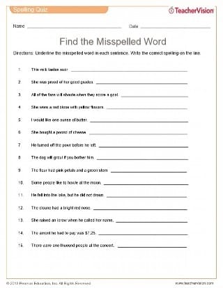 Third grade student practicing spelling skills with a Find the Misspelled Words worksheet